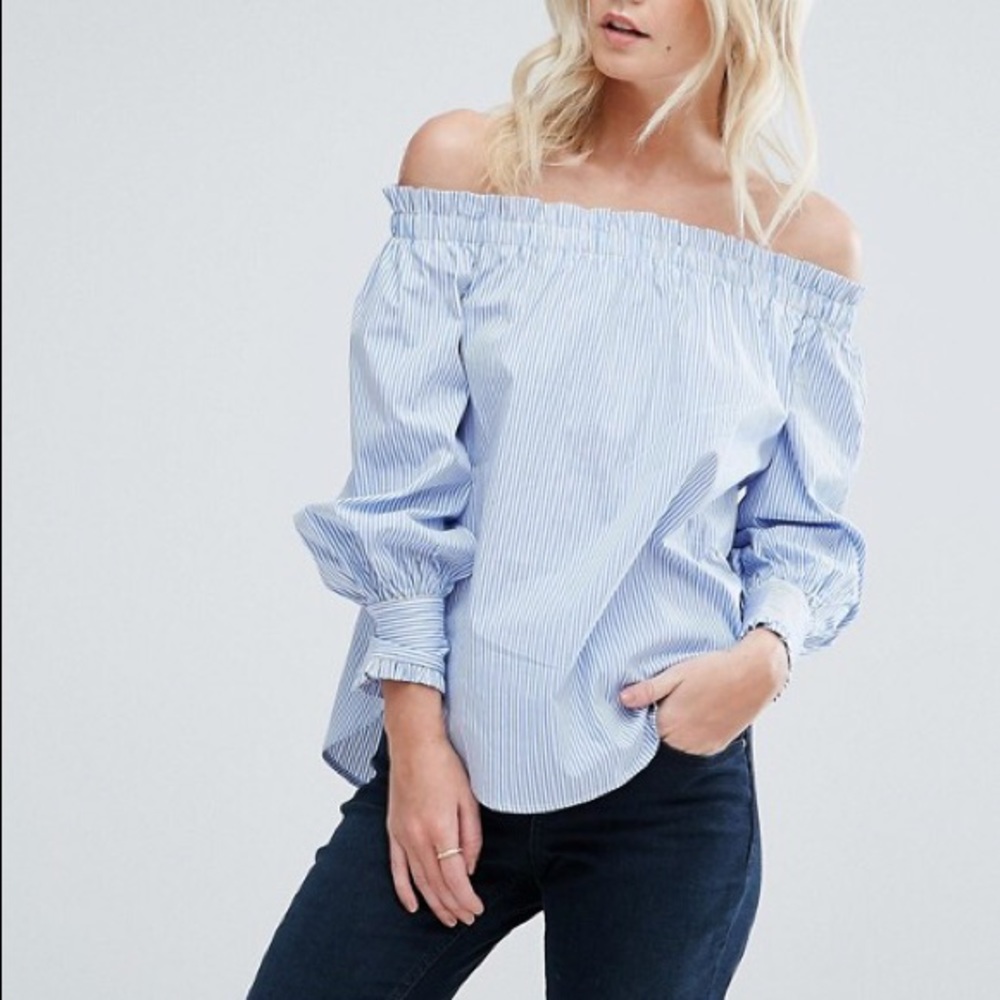 New Look Petite Blue/White Frill Edge Bardot Top